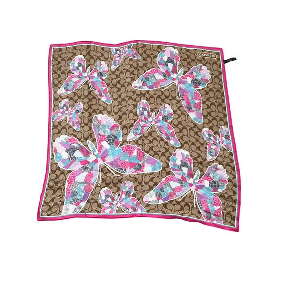 Coach Poppy Butterfly Print 100% Silk Square Scarf Brown / Pink - Picture 7 of 7